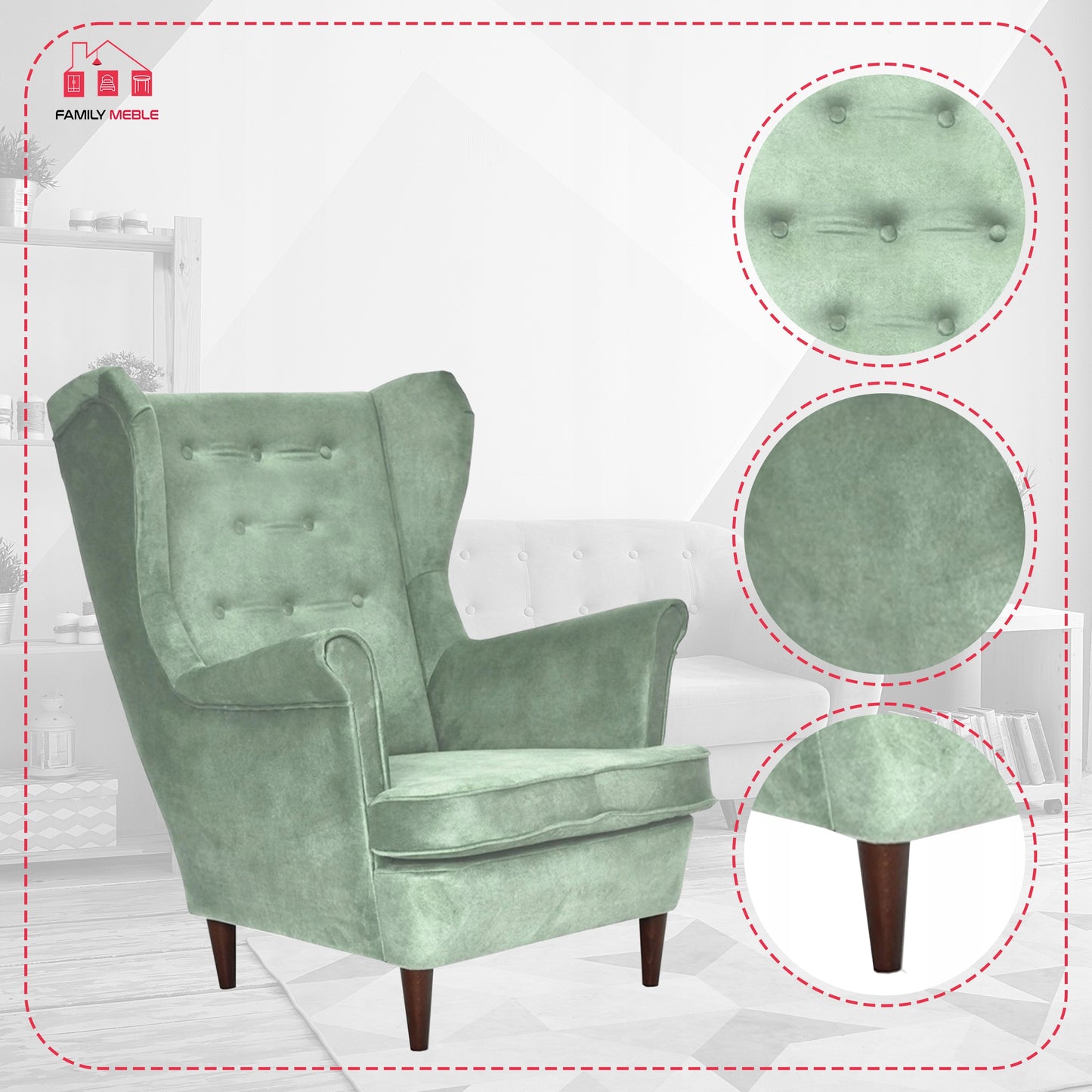 Fotel uszak Diana skandynawski Family Meble miętowy pistacjowy zamszowy