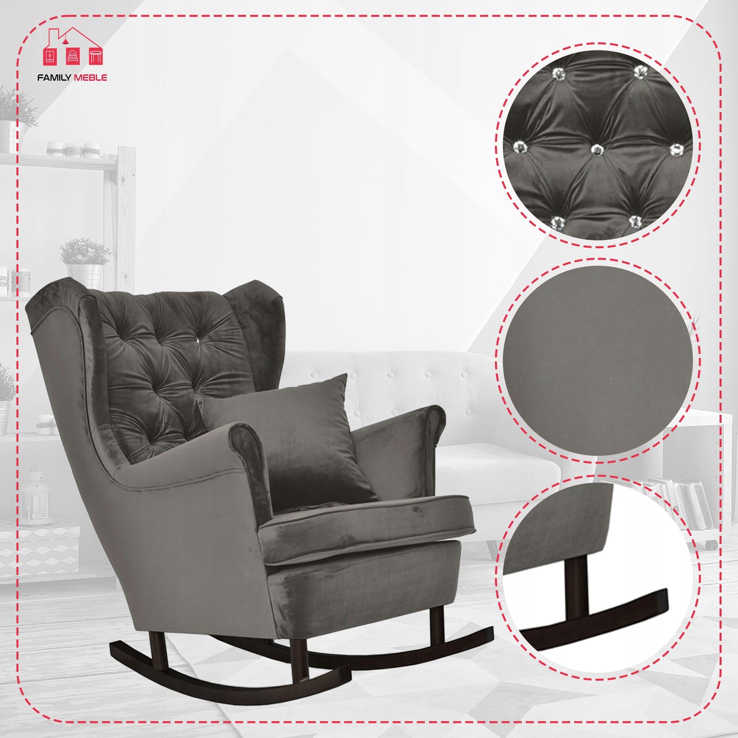 Fotel uszak Gaja bujany skandynawski Family Mebl brunatny szaro czarny