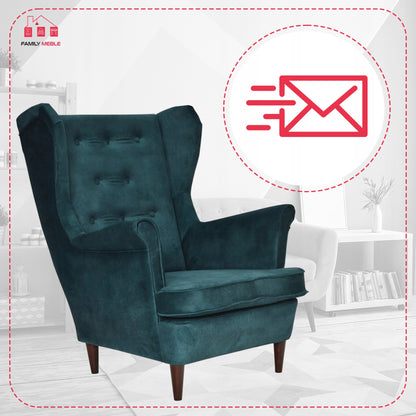 Fotel uszak Diana skandynawski Family Meble morski ciemnozielony wygodny