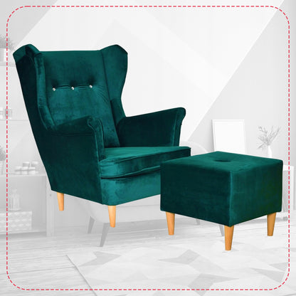 Fotel uszak ARI z podnóżkiem, skandynawski Family Meble ciemno zielony