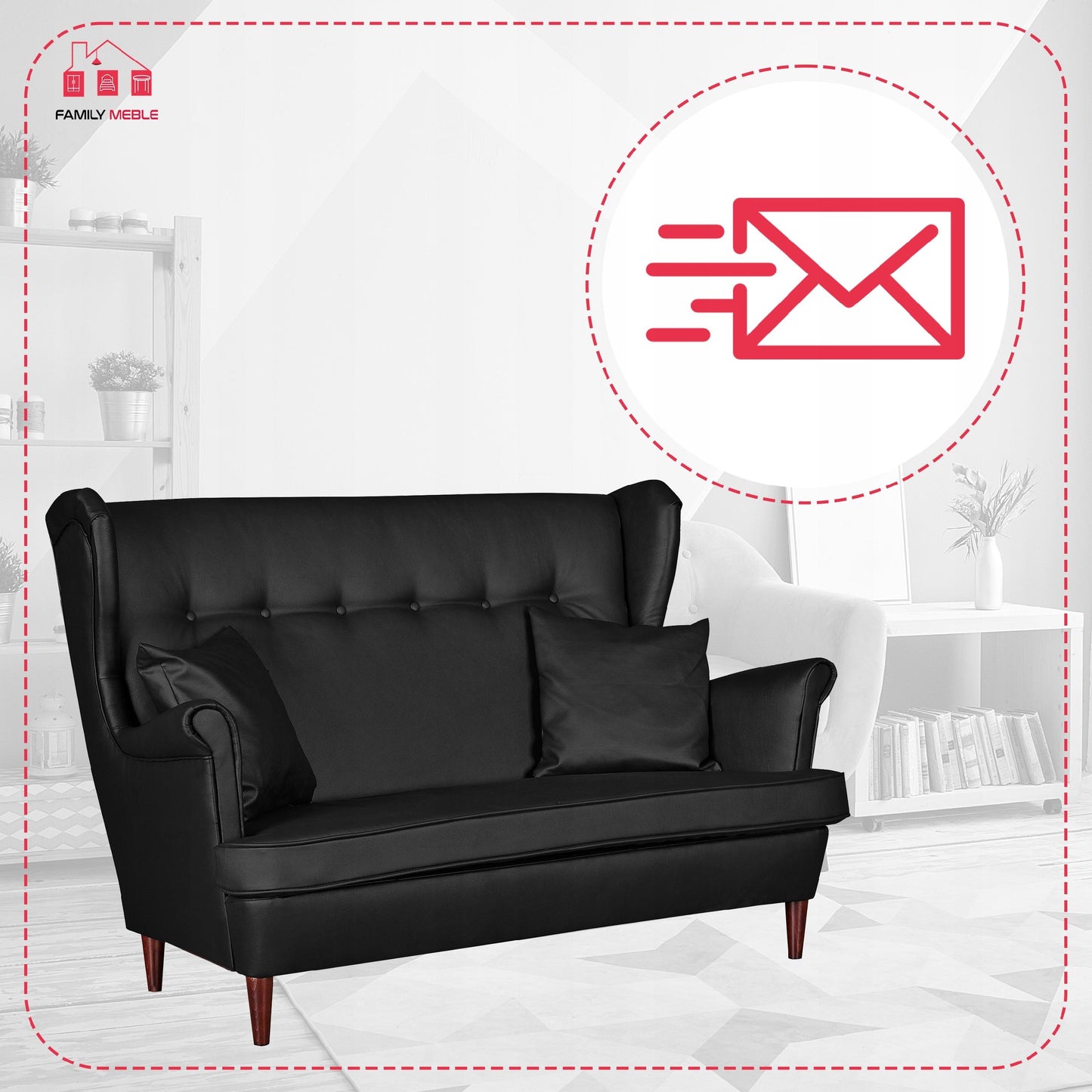 Zestaw wypoczynkowy mebli uszak Eko skóra sofa fotele pufy Family Meble komplet