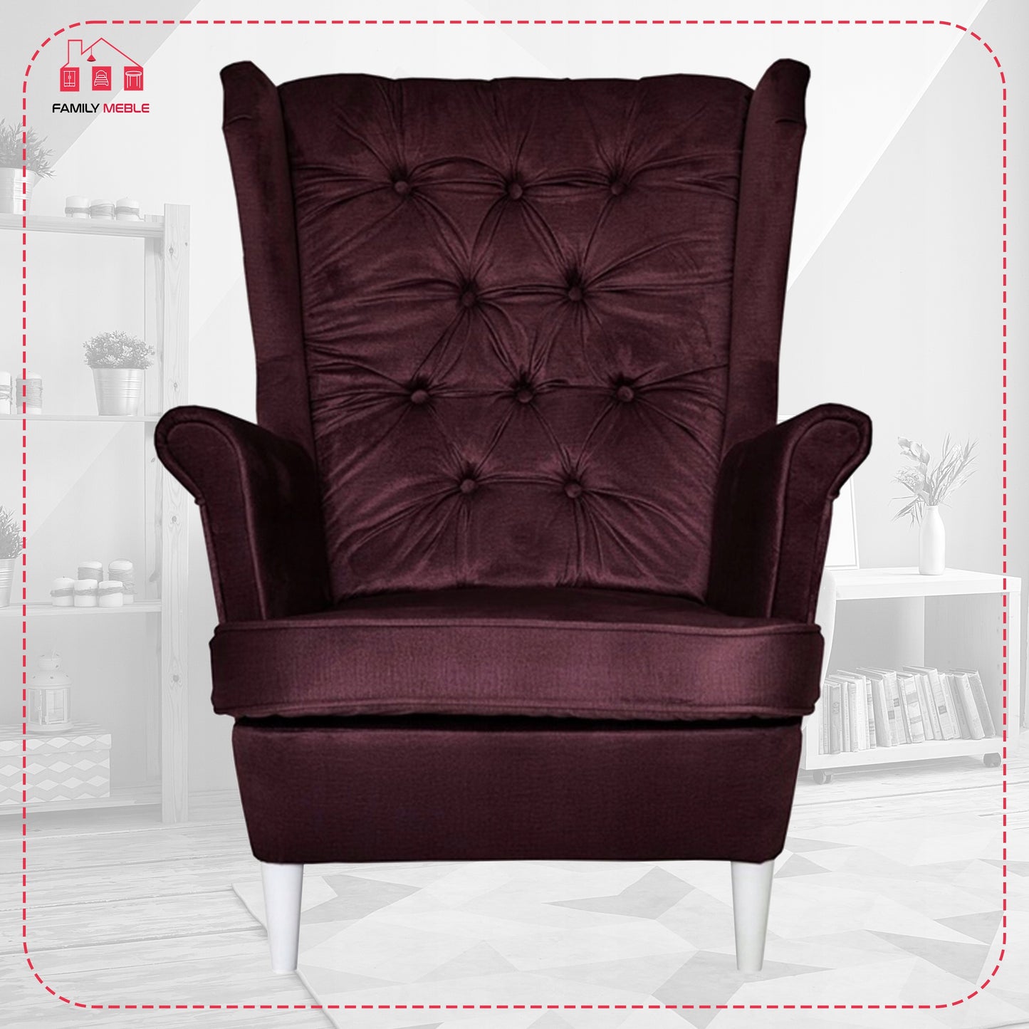 Fotel uszak Gaja z podnóżkiem skandynawski Family Meble burgund welur