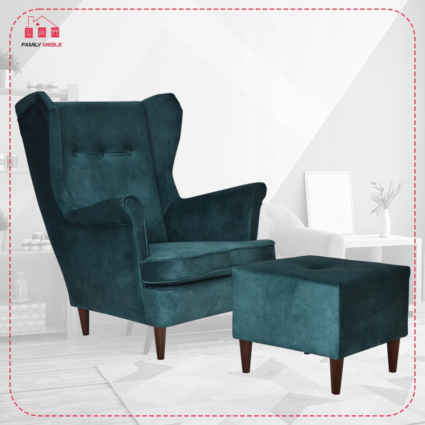 Fotel uszak ARI z podnóżkiem, skandynawski Family Meble ciemny turkus