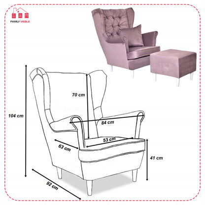 Fotel uszak Gaja z podnóżkiem skandynawski Family Meble liliowy salon