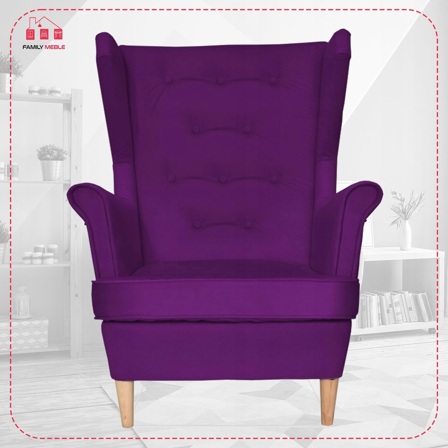 Fotel uszak Diana skandynawski Family Meble fuksja fiolet śliwka welur