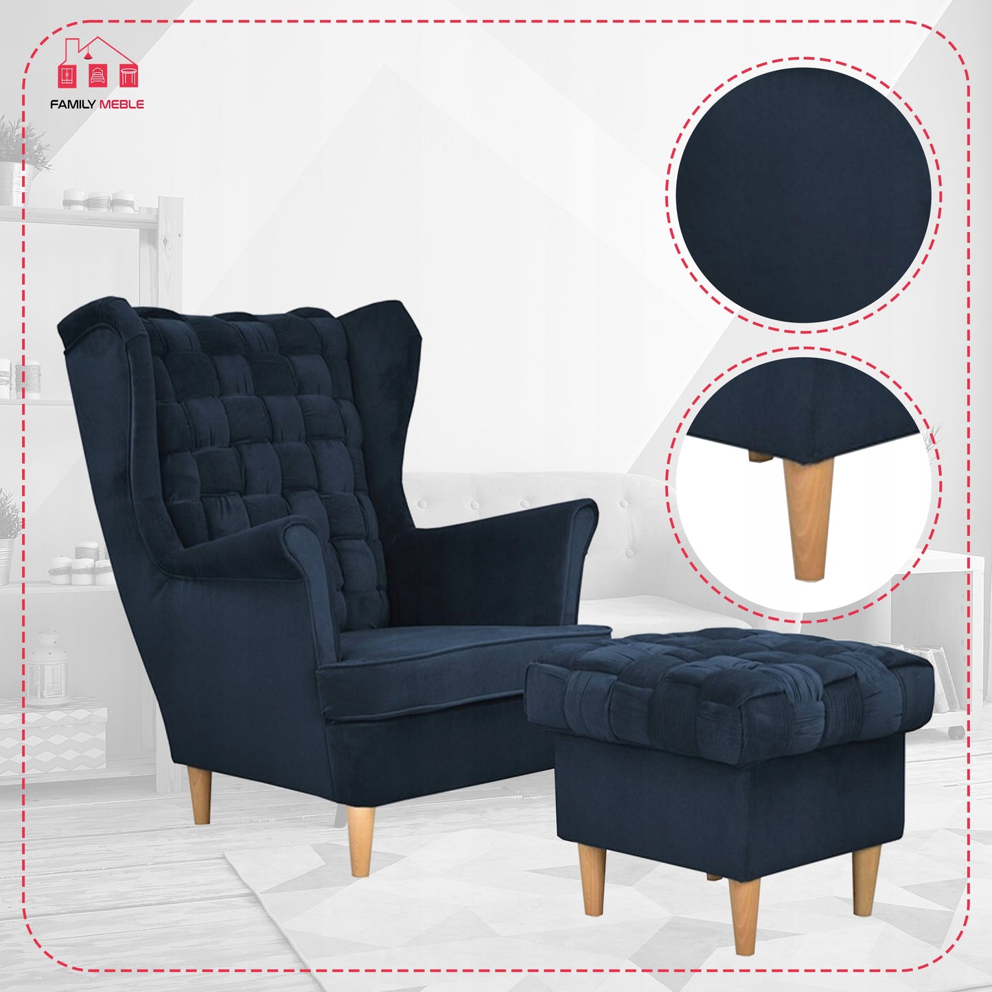 Fotel uszak Carol z podnóżkiem skandynawski Family Meble granatowy