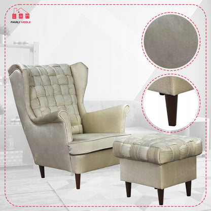 Fotel uszak Carol z podnóżkiem skandynawski Family Meble jasny beżowy