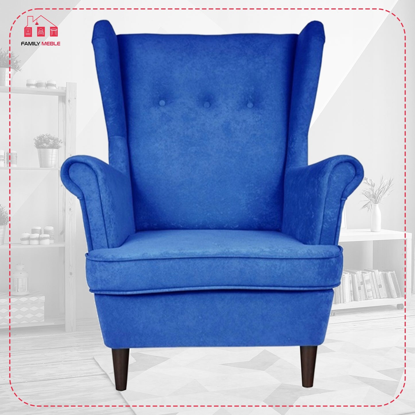 Fotel uszak ARI z podnóżkiem, welur niebieski do relaksu Family Meble