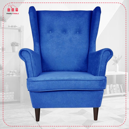 Fotel uszak ARI z podnóżkiem, welur niebieski do relaksu Family Meble
