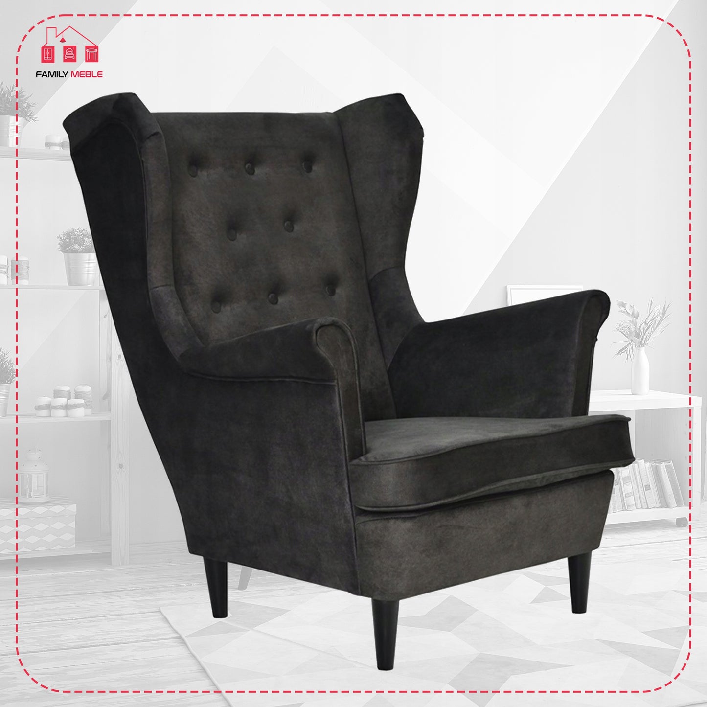 Fotel uszak Diana skandynawski Family Meble welur hydrofobowy ciemny