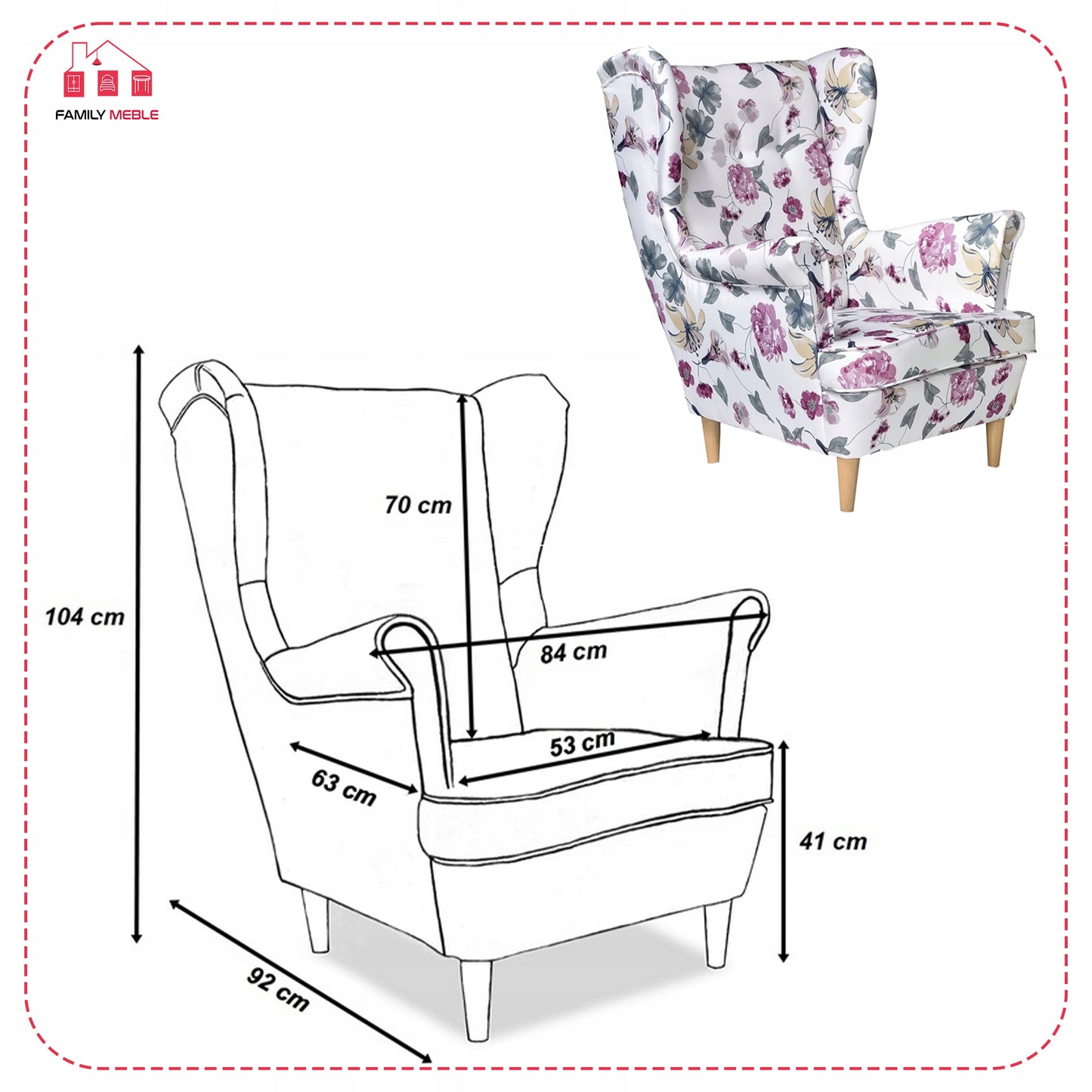 Fotel uszak ARI PRINT skandynawski Family Meble welur kwiaty goździki