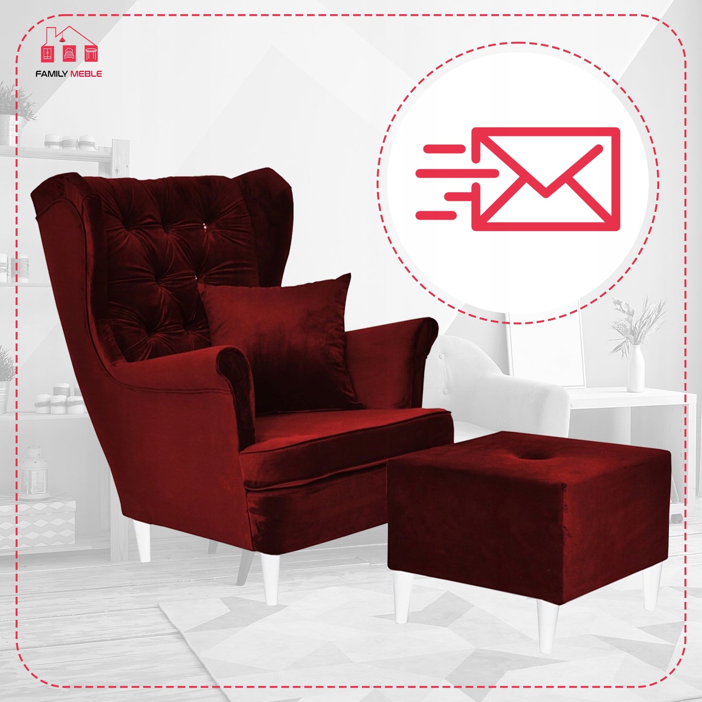 Fotel uszak Gaja podnóżkiem skandynawski Family Meble krwista czerwień