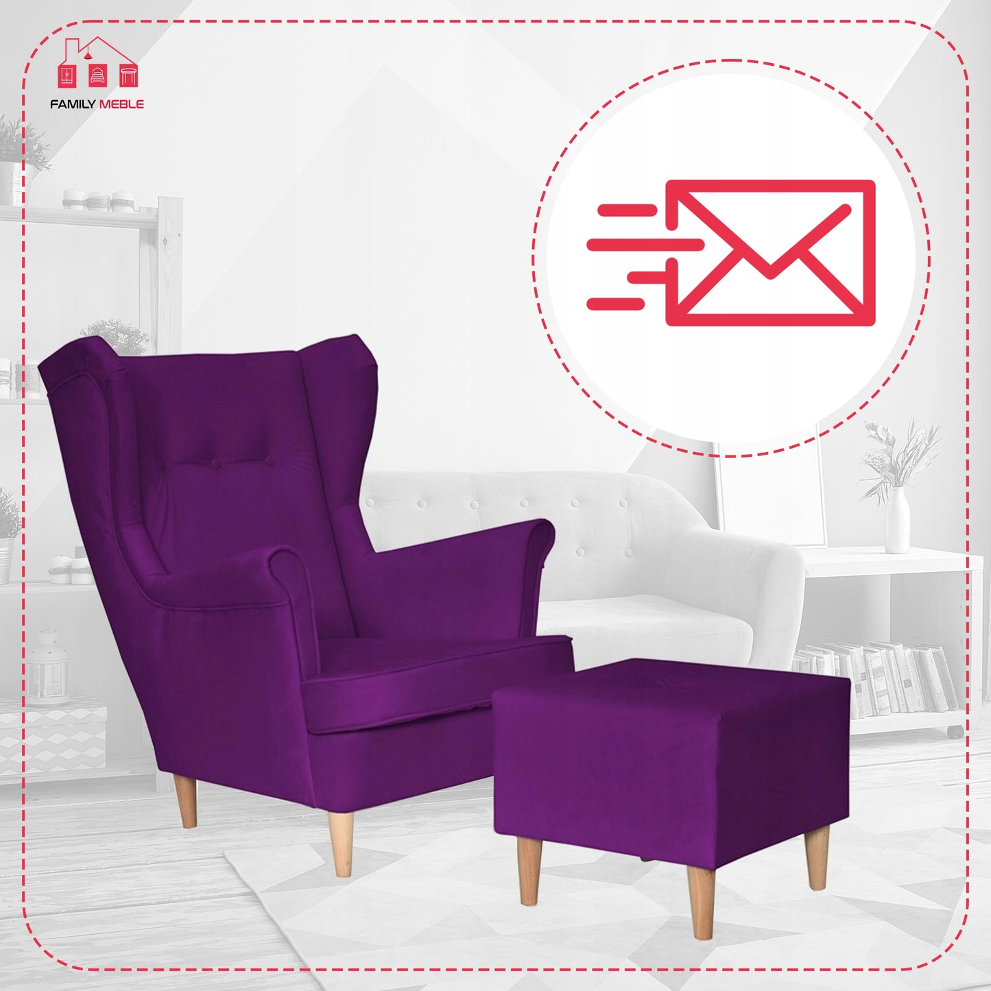 Fotel uszak ARI z podnóżkiem, skandynawski Family Meble fiolet śliwka