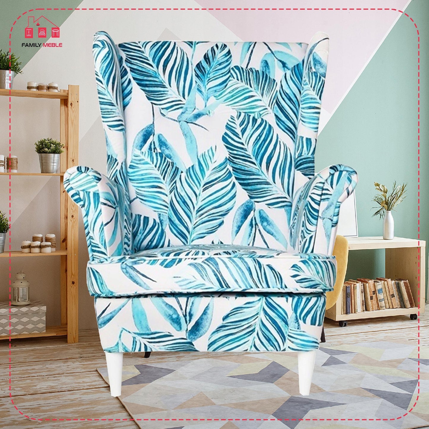 Fotel uszak ARI PRINT skandynawski Family Meble Monstera zielona liści