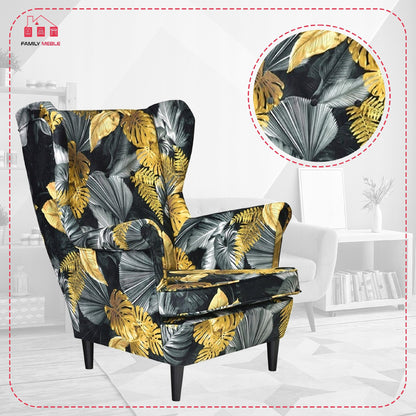 Fotel uszak ARI PRINT skandynawski Family Meble monstera złoto czarny
