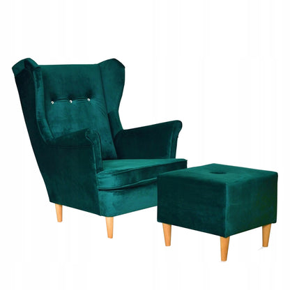 Fotel uszak ARI z podnóżkiem, skandynawski Family Meble ciemno zielony