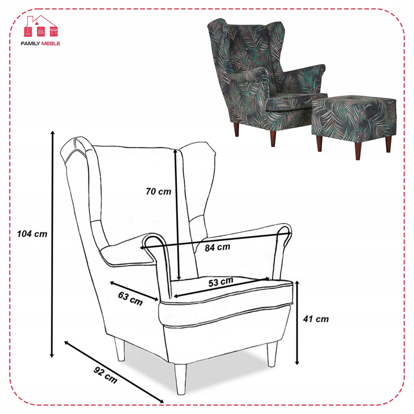 Fotel uszak ARI PRINT z podnóżkiem, skandynawski Family Meble liście