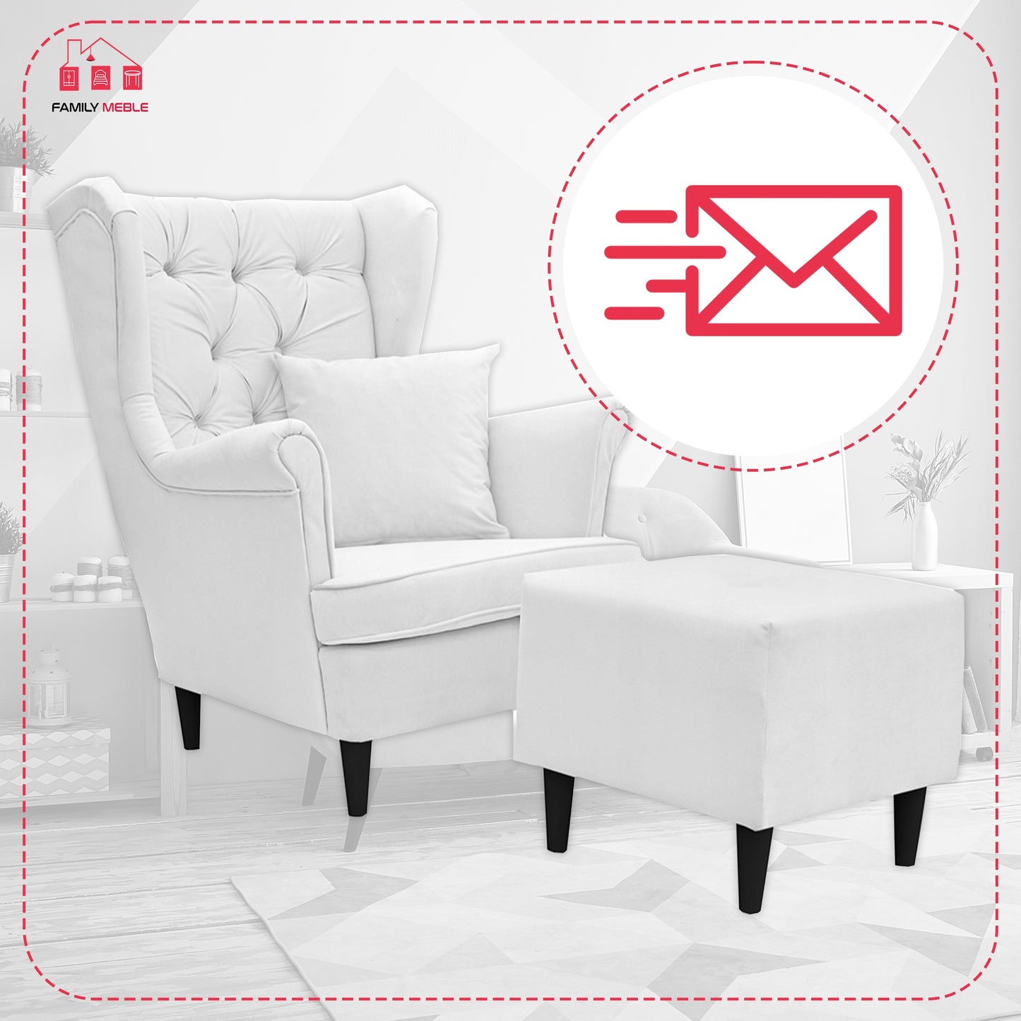 Fotel uszak Gaja z podnóżkiem skandynawsk Family Meble prestiżowy styl