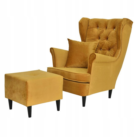 Fotel uszak Gaja z podnóżkiem skandynawski Family Mebl złoty aksamitny