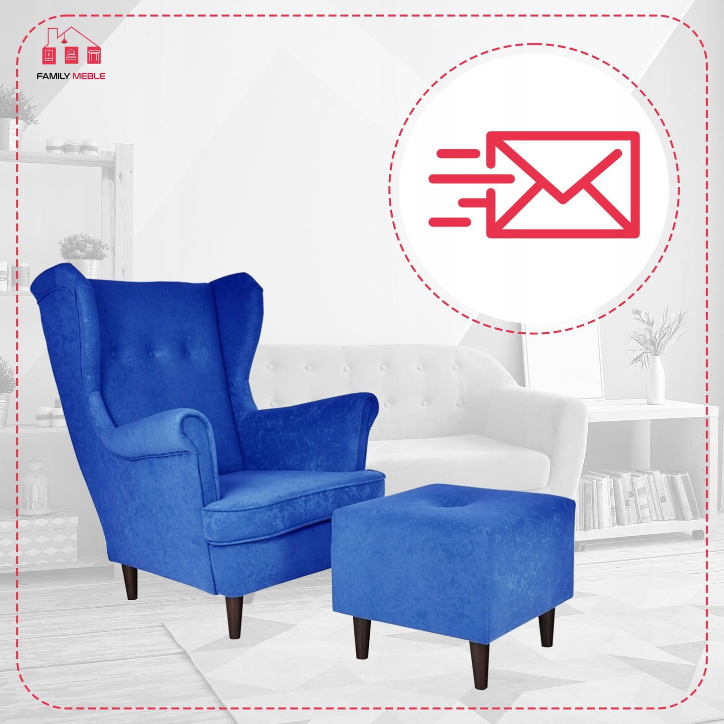 Fotel uszak ARI z podnóżkiem, welur niebieski do relaksu Family Meble