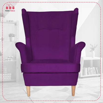 Fotel uszak ARI z podnóżkiem, skandynawski Family Meble fiolet śliwka
