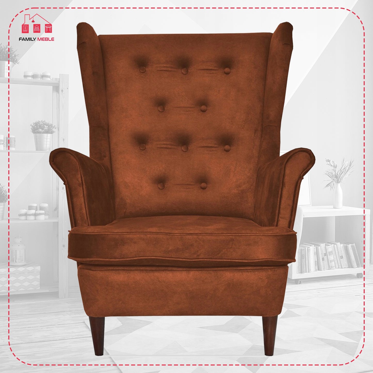 Fotel uszak Diana skandynawski Family Meble miedziany miły w dotyku rudy