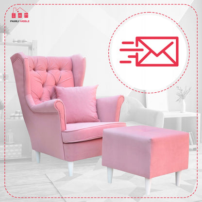 Fotel uszak Gaja z podnóżkiem skandynawski Family Meble pastelowy róż
