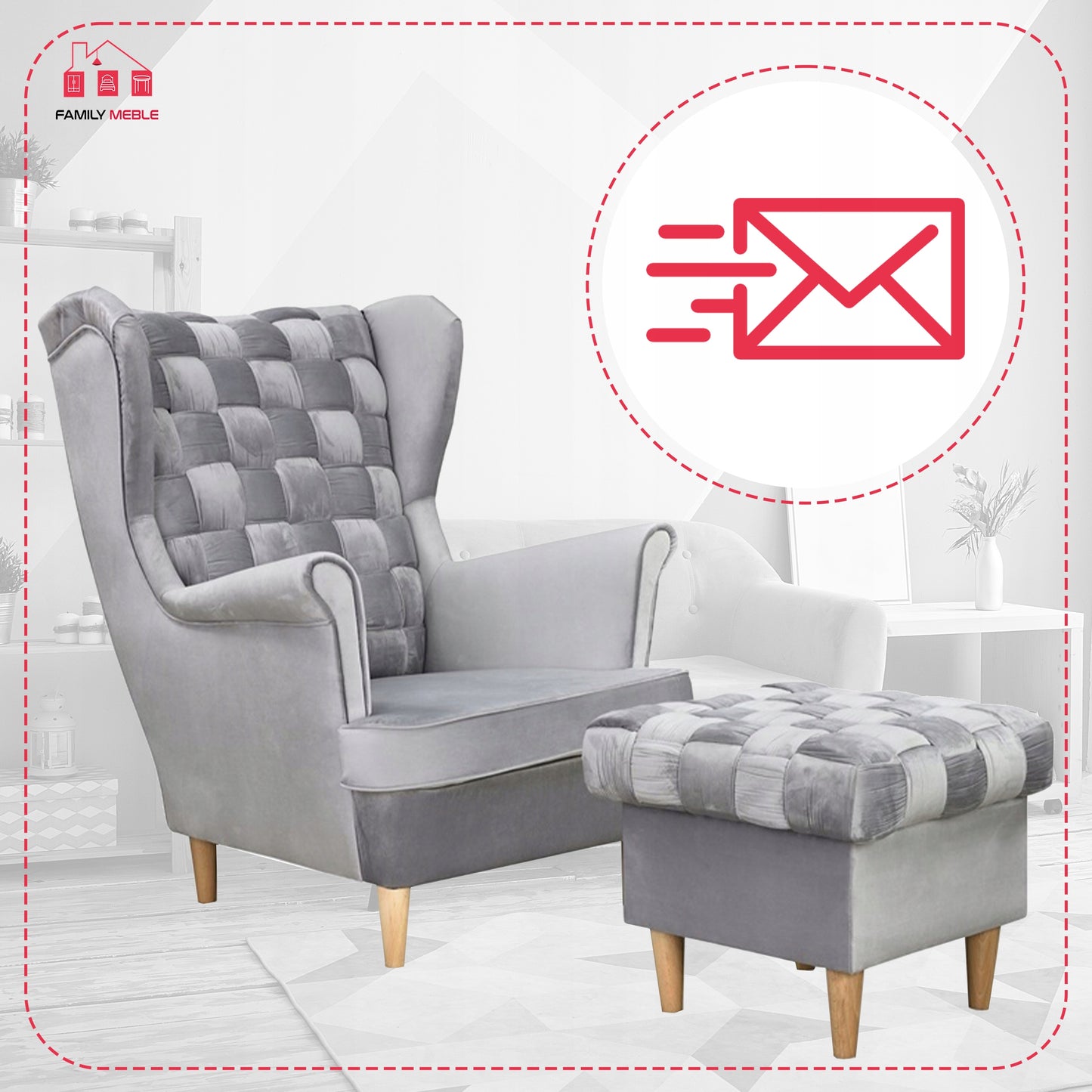 Fotel uszak Carol z podnóżkiem skandynawski Family Meble siwy aksamit