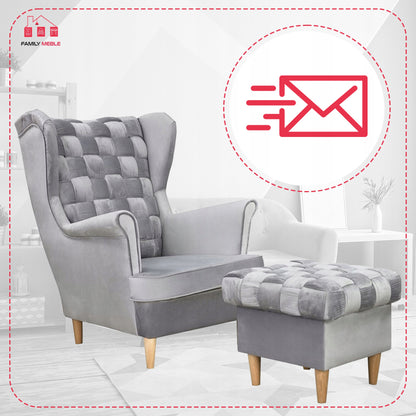 Fotel uszak Carol z podnóżkiem skandynawski Family Meble siwy aksamit