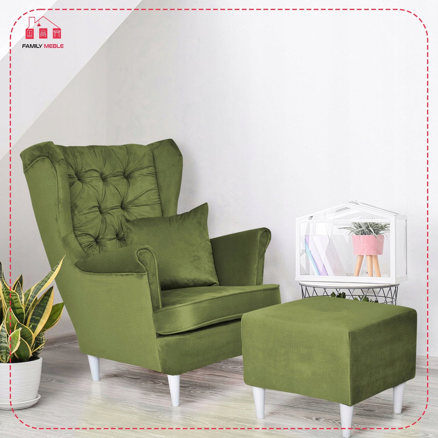 Fotel uszak Gaja z podnóżkiem skandynawski Family Meble aksamit welwet