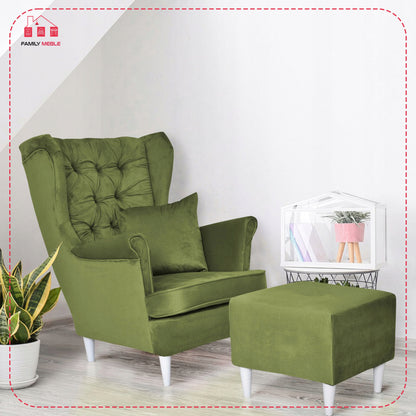 Fotel uszak Gaja z podnóżkiem skandynawski Family Meble aksamit welwet