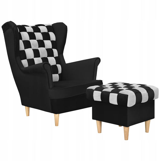 Fotel uszak Carol Duo z podnóżkiem skandynawski Family Meble biały czarny