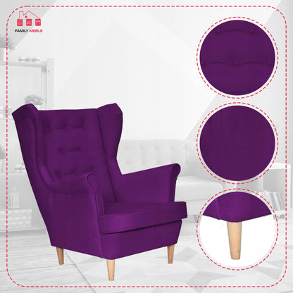 Fotel uszak Diana skandynawski Family Meble fuksja fiolet śliwka welur