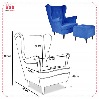 Fotel uszak ARI z podnóżkiem, welur niebieski do relaksu Family Meble