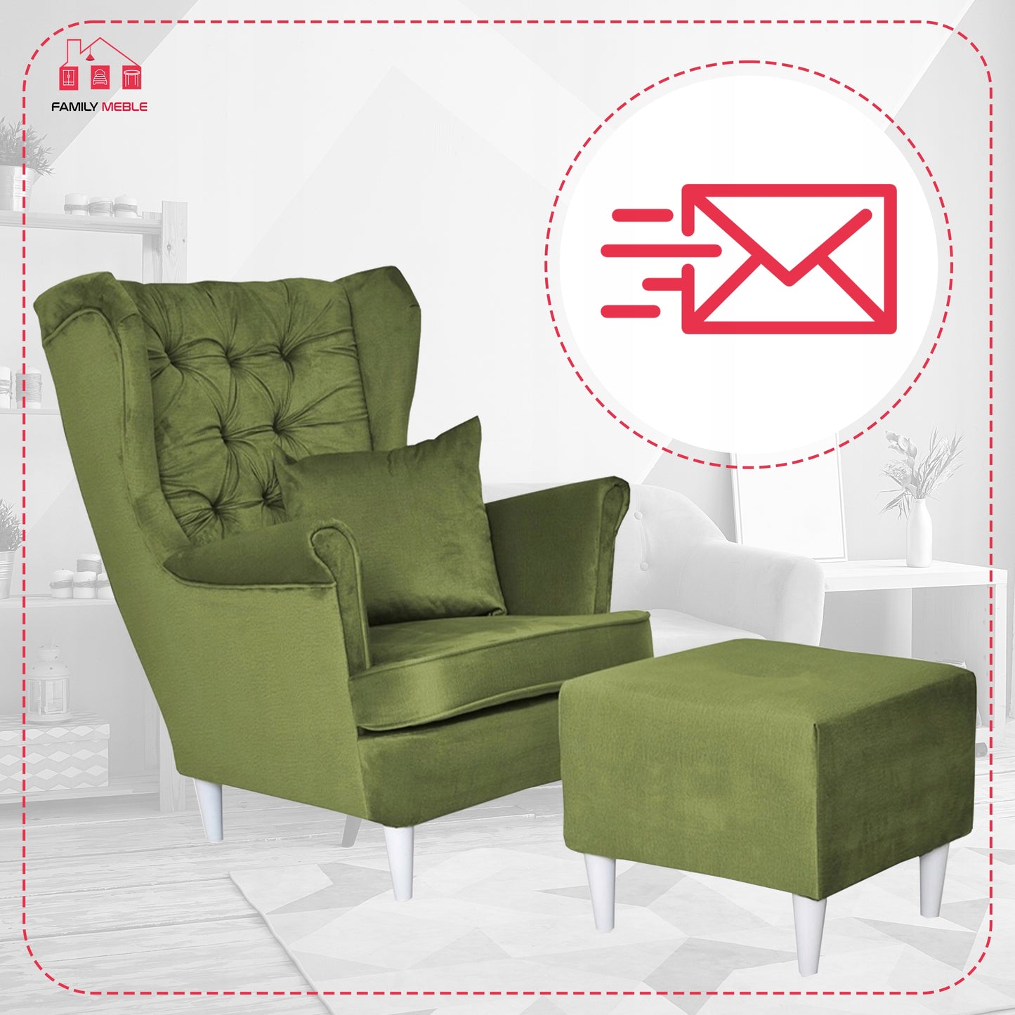 Fotel uszak Gaja z podnóżkiem skandynawski Family Meble oliwka jasna