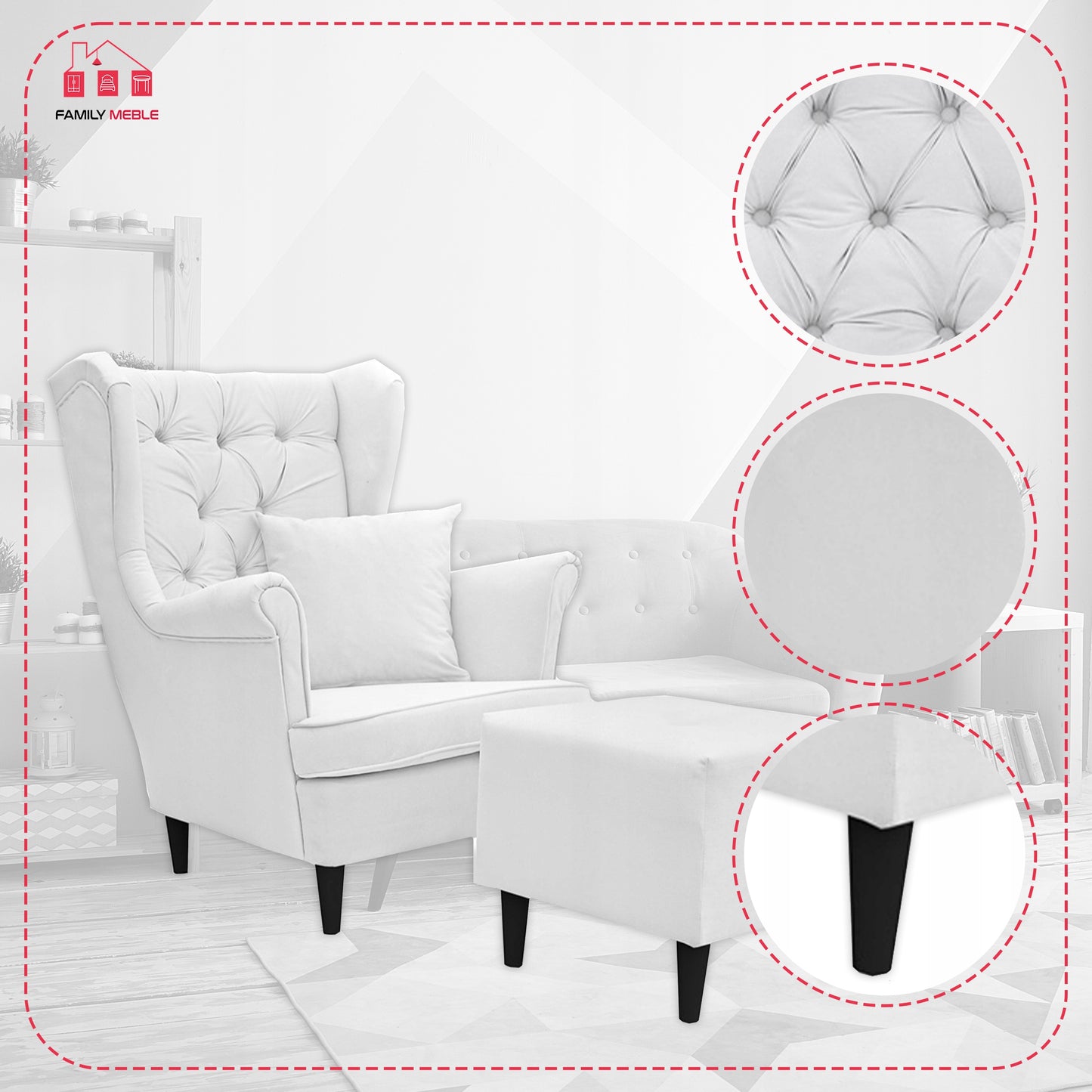 Fotel uszak Gaja z podnóżkiem skandynawsk Family Meble prestiżowy styl