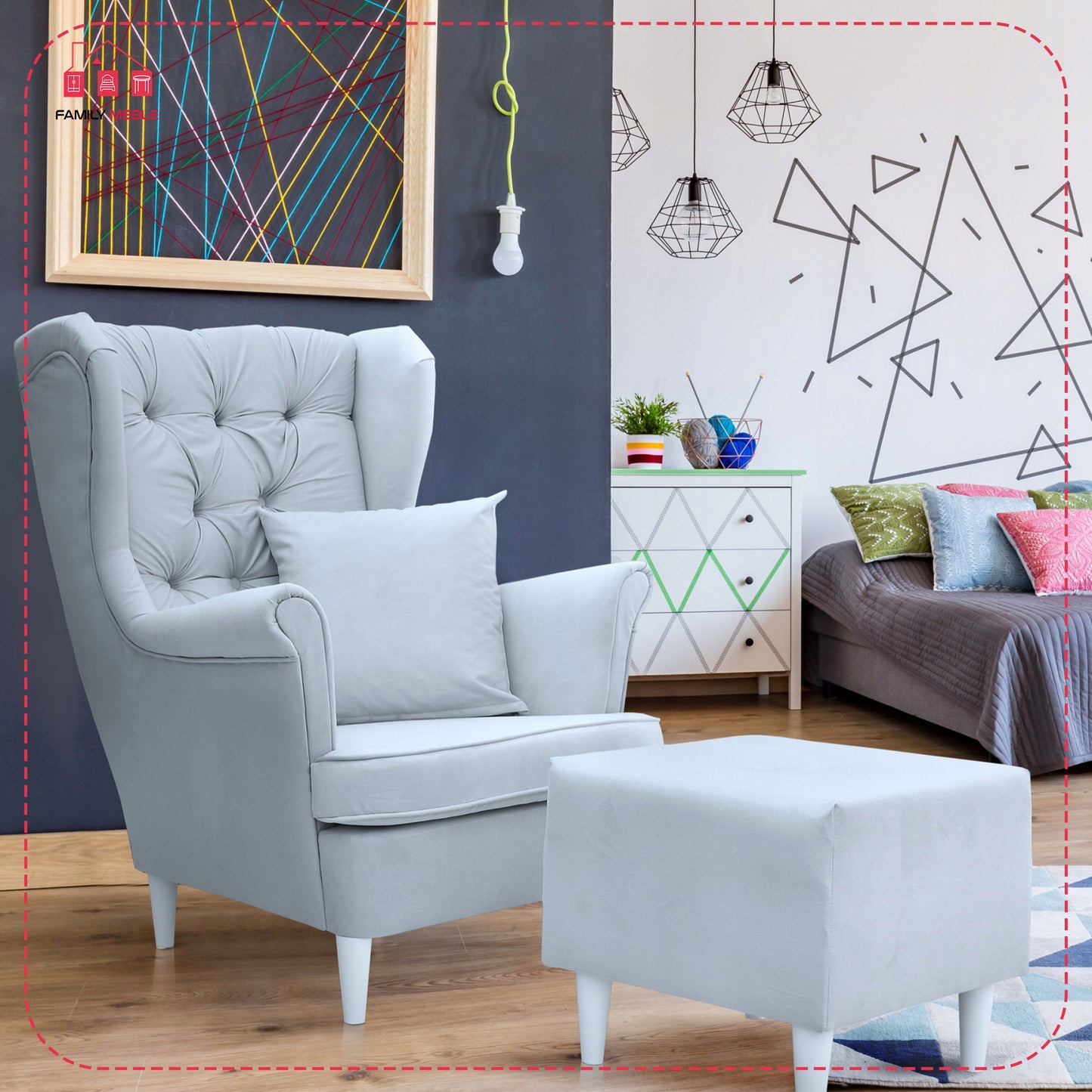 Fotel uszak Gaja z podnóżkiem skandynawski Family Meble liliowy salon