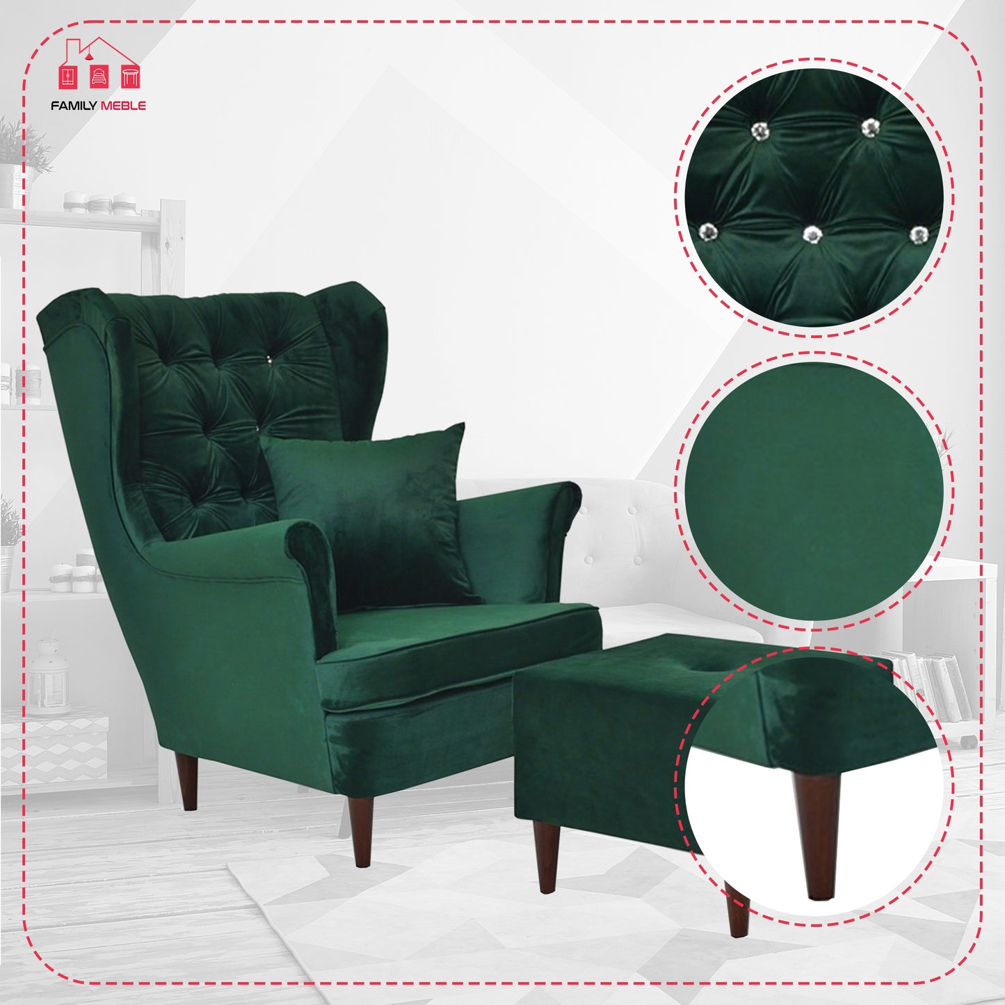 Fotel uszak Gaja z podnóżkiem, skandynawski Family Meble GLAMOUR solon