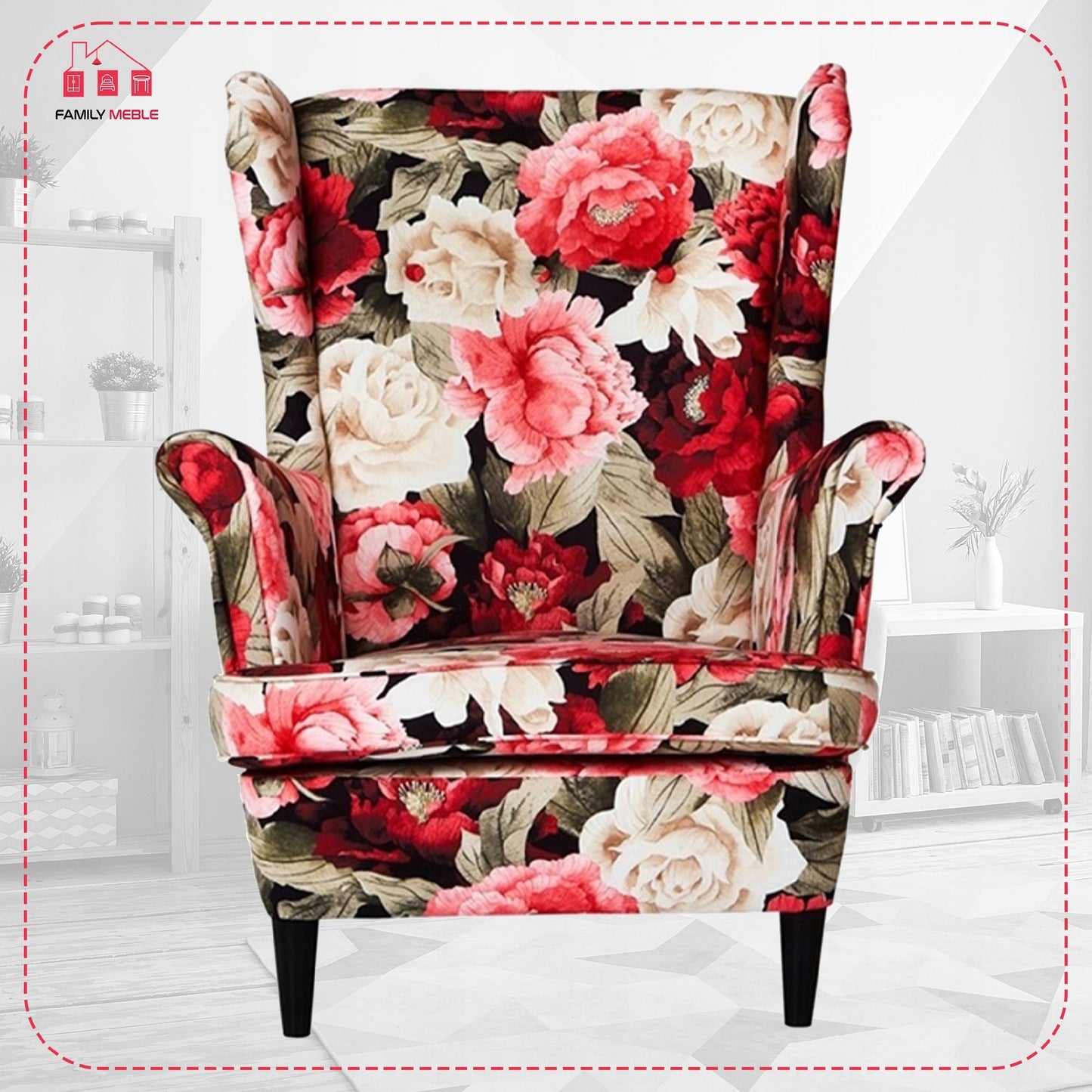 Fotel uszak ARI PRINT skandynawski Family Meble hortensje kwiaty wzór