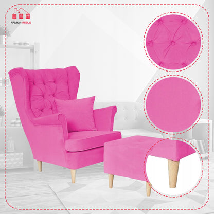 Fotel uszak Gaja z podnóżkiem skandynawski Family Mebl fuksja róż PINK
