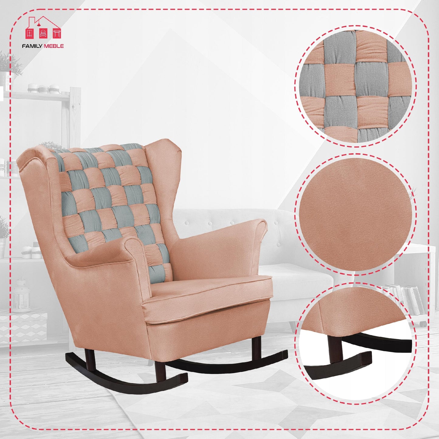 Fotel uszak bujany Carol Duo Family Meble beżowy pudrowy pastelowy kratka