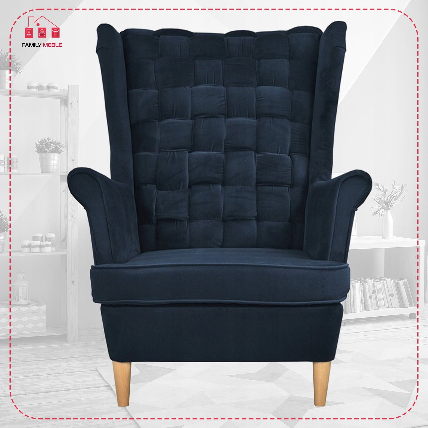 Fotel uszak Carol z podnóżkiem skandynawski Family Meble granatowy