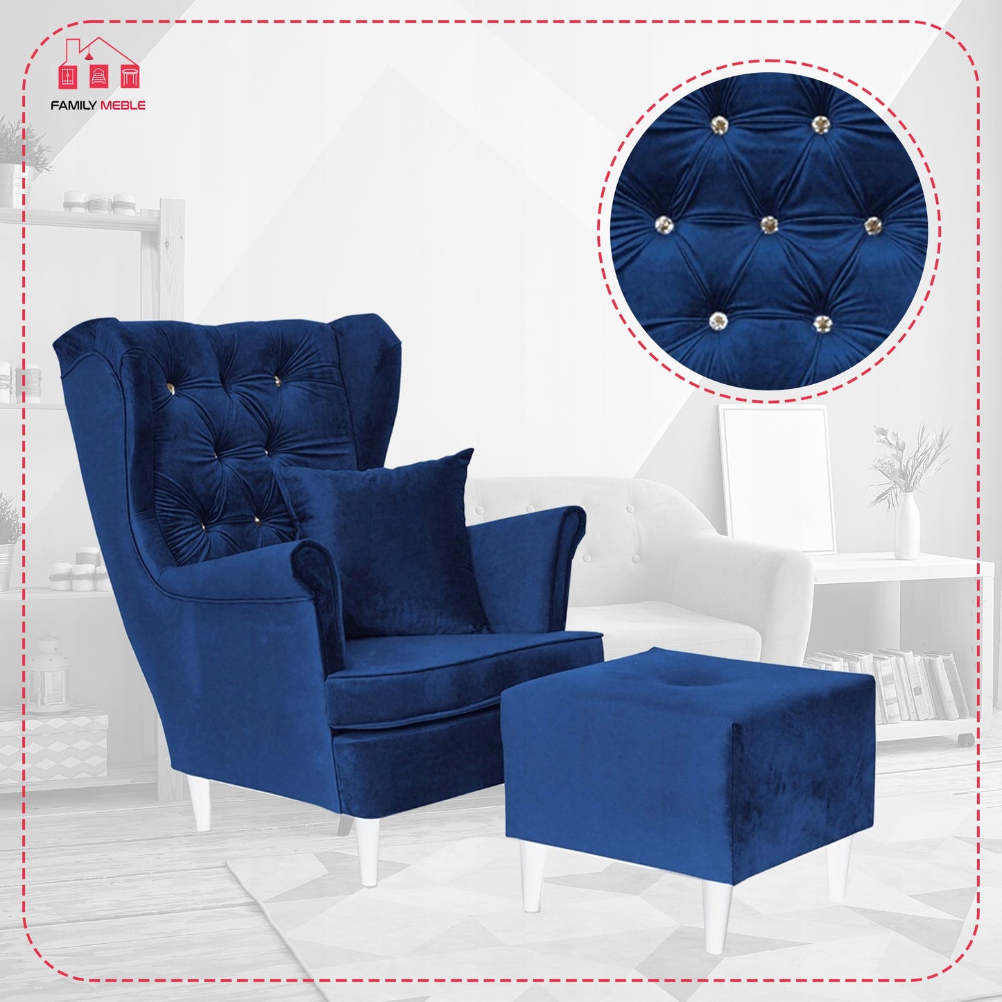 Fotel uszak Gaja z podnóżkiem skandynawski Family Meble aksamit welwet