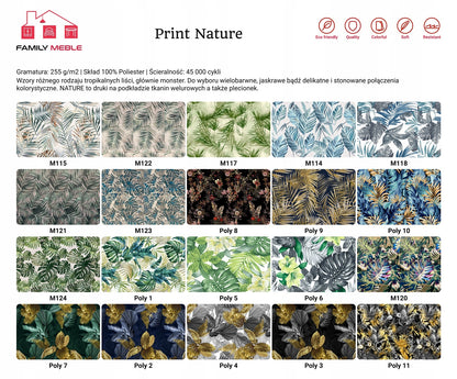 Zestaw wypoczynkowy mebli uszak Ari Print sofa fotele pufy Family Meble komplet