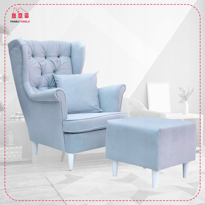 Fotel uszak Gaja z podnóżkiem skandynawski Family Meble pikowany guzik