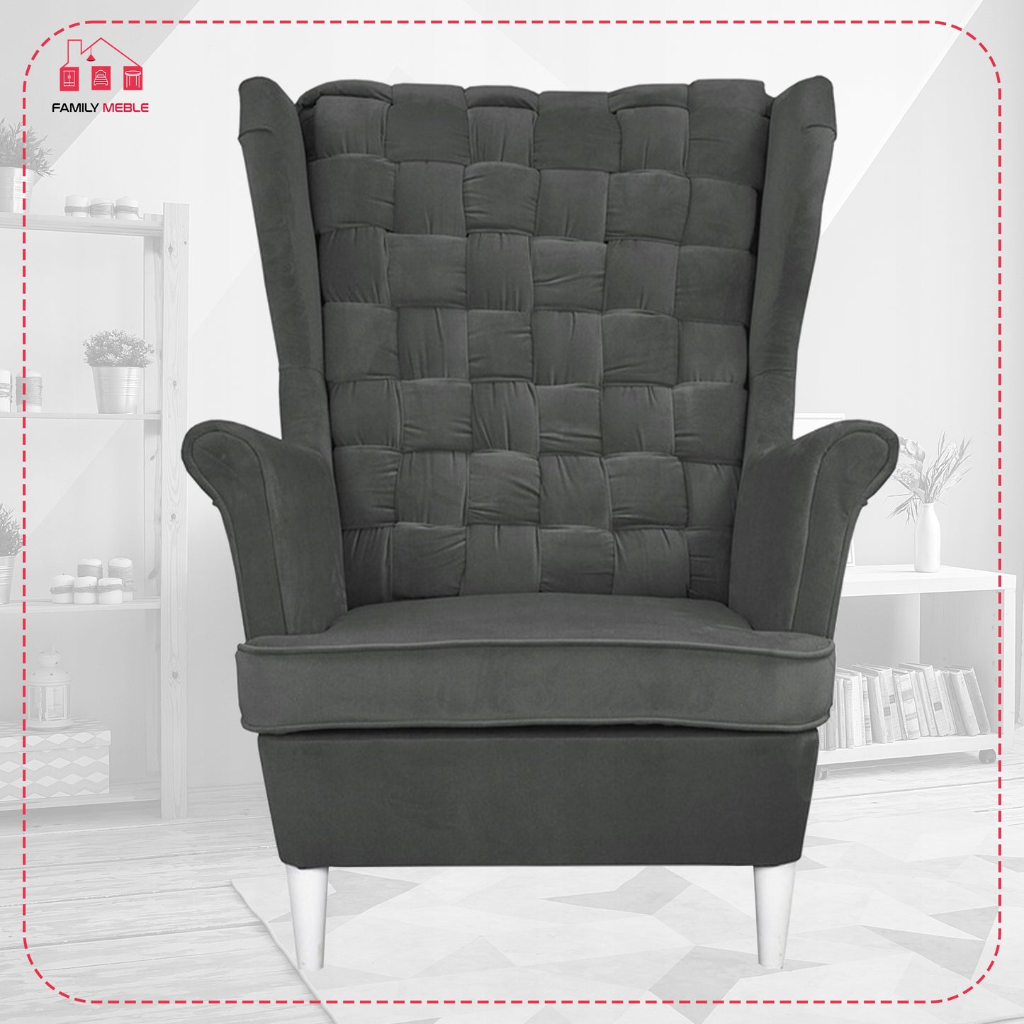 Fotel uszak Carol z podnóżkiem skandynawski Family Meble ciemny szary