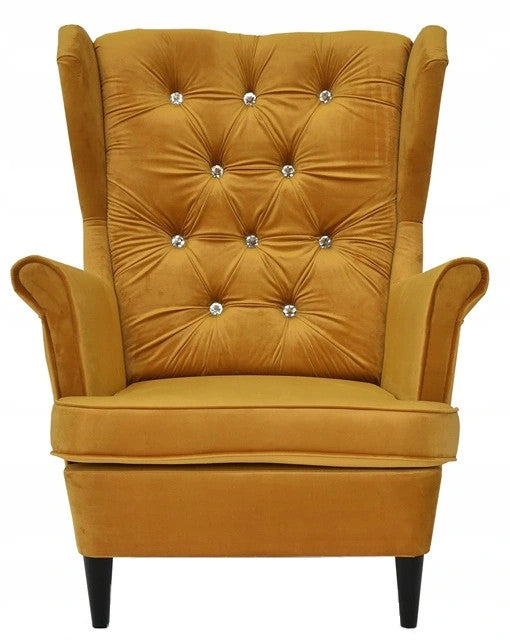 Fotel uszak Gaja skandynawski Family Meble złoty musztardowy aksamit