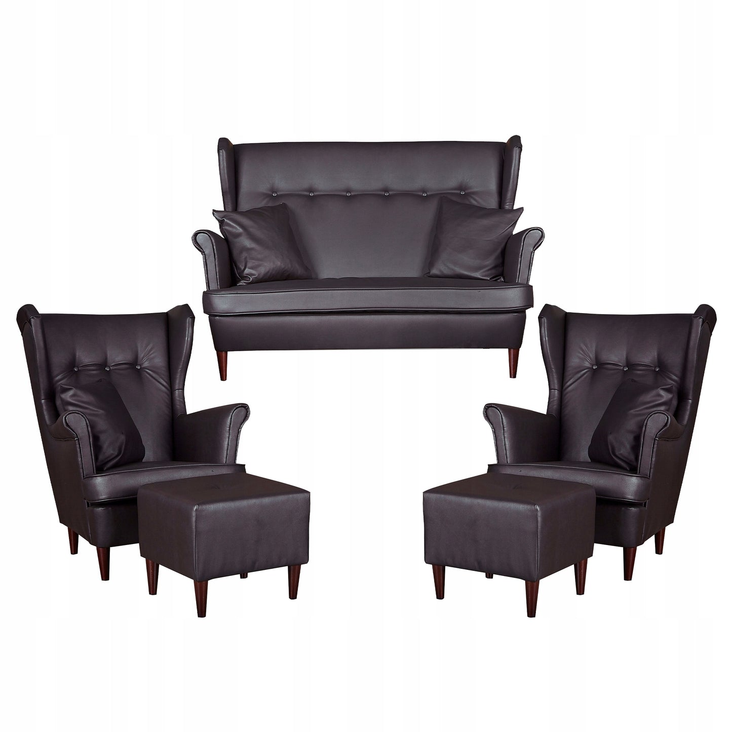 Zestaw wypoczynkowy mebli uszak Eko skóra sofa fotele pufy Family Meble komplet