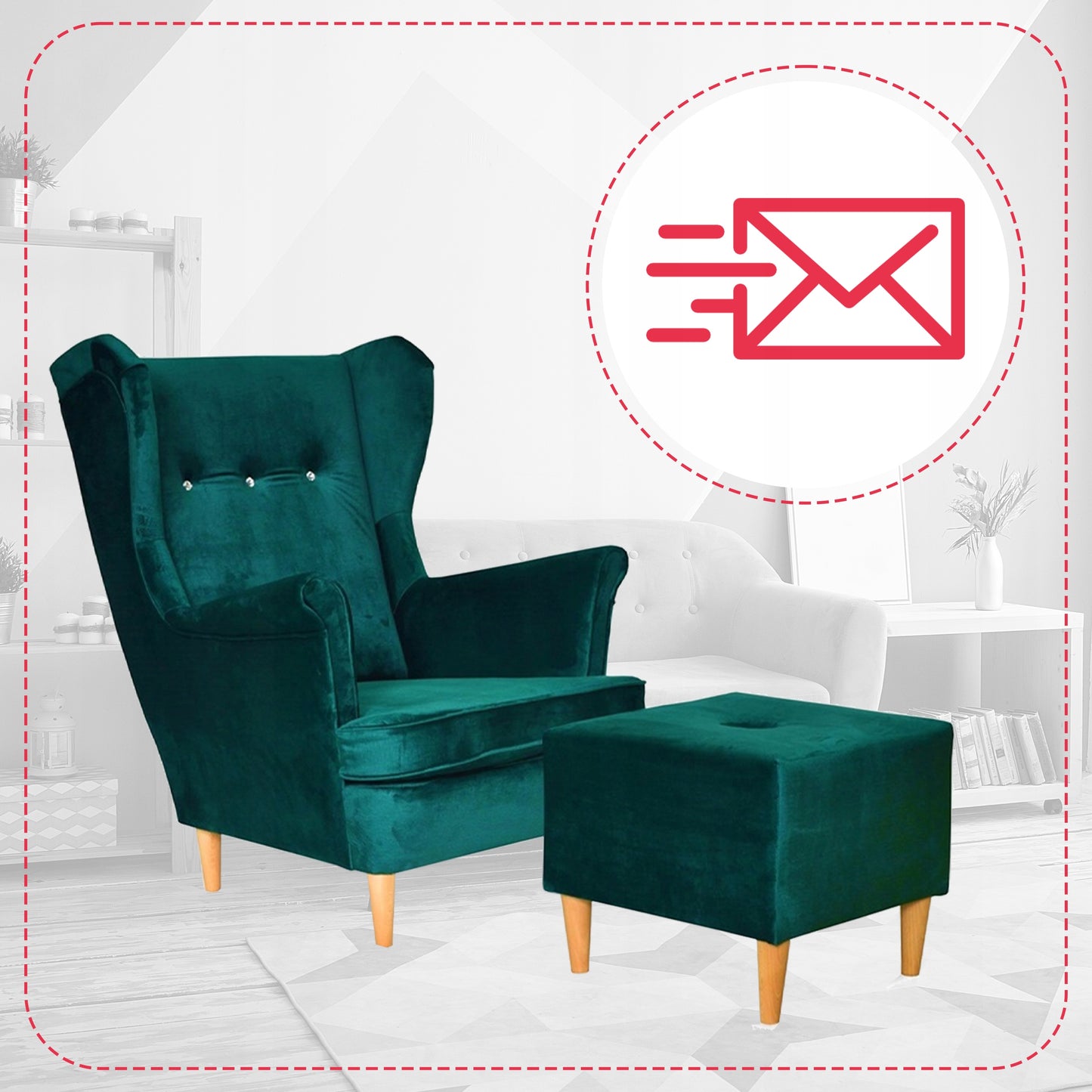 Fotel uszak ARI z podnóżkiem, skandynawski Family Meble ciemno zielony