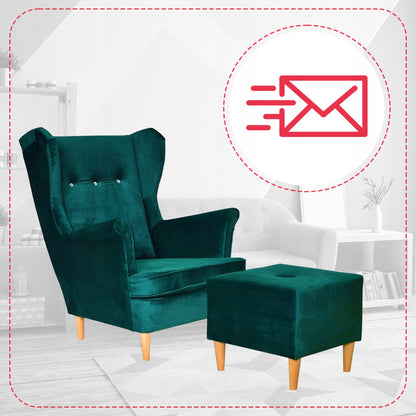 Fotel uszak ARI z podnóżkiem, skandynawski Family Meble ciemno zielony